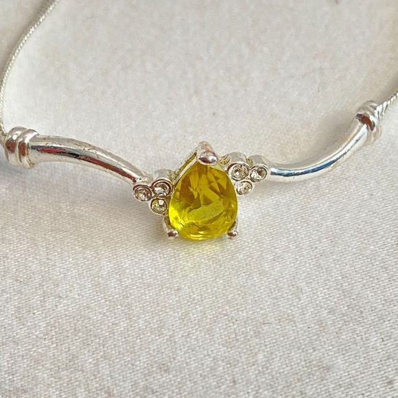 Demi Parure Necklace Bracelet Yellow Teardrop & Rhinestones On Silver Tone Chain - Picture 10 of 15